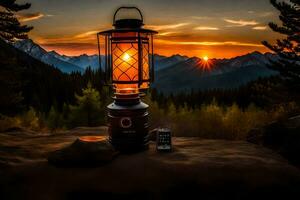 een lantaarn en een cel telefoon Aan een berg top. ai-gegenereerd foto