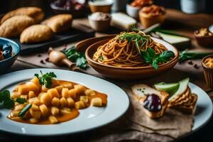 een tafel met borden van voedsel en een kom van pasta. ai-gegenereerd foto