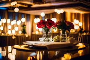 een tafel met bloemen en kaarsen Aan het. ai-gegenereerd foto