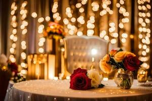 een tafel met bloemen en kaarsen in voorkant van een muur van lichten. ai-gegenereerd foto