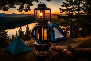 een lantaarn en een tent zijn reeks omhoog in de buurt een meer Bij zonsondergang. ai-gegenereerd foto