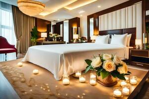 een hotel kamer met kaarsen en een bed. ai-gegenereerd foto