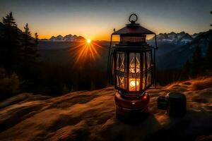 een lantaarn is lit Aan top van een berg Bij zonsondergang. ai-gegenereerd foto