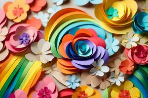 een kleurrijk papier bloem arrangement met een regenboog en bloemen. ai-gegenereerd foto