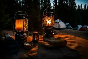 camping lantaarns Aan de strand. ai-gegenereerd foto
