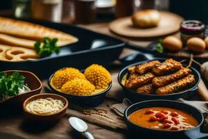 een tafel met divers voedingsmiddelen inclusief brood, vlees en groenten. ai-gegenereerd foto