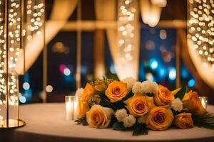 een tafel met kaarsen en bloemen in voorkant van een gordijn. ai-gegenereerd foto