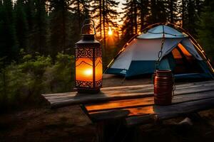 een kampvuur en lantaarn zitten Aan een houten bank in de bossen. ai-gegenereerd foto