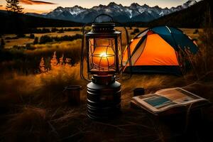 de lantaarn is lit en de boek is Open in voorkant van de tent. ai-gegenereerd foto