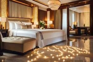 een hotel kamer met kaarsen lit in de omgeving van de bed. ai-gegenereerd foto