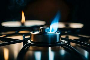 een gas- brander Aan een fornuis met blauw vlammen. ai-gegenereerd foto