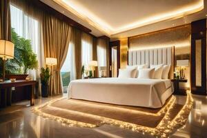 een bed of bedden in een kamer Bij de ritz Carlton Bali. ai-gegenereerd foto