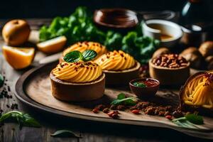 een houten dienblad met sommige desserts en specerijen. ai-gegenereerd foto