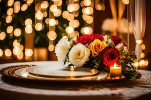 een tafel instelling met kaarsen en bloemen. ai-gegenereerd foto