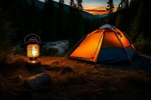 een tent is lit omhoog Bij nacht in de bossen. ai-gegenereerd foto