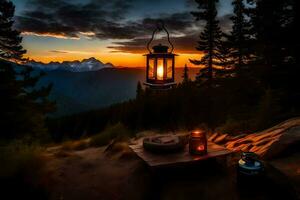 een lantaarn is lit Aan een tafel in de midden- van een Woud. ai-gegenereerd foto
