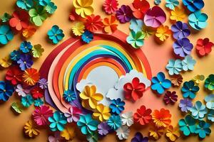 kleurrijk papier bloemen en regenboog Aan een geel achtergrond. ai-gegenereerd foto