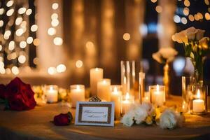 kaarsen en bloemen zijn reeks omhoog Aan een tafel. ai-gegenereerd foto