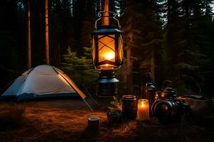 een kampvuur en lantaarn in de bossen. ai-gegenereerd foto