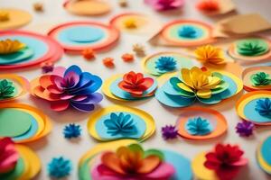 kleurrijk papier bloemen geregeld Aan een tafel. ai-gegenereerd foto