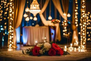 een tafel met kaarsen en bloemen in voorkant van een backdrop van lichten. ai-gegenereerd foto