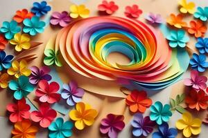kleurrijk papier bloemen geregeld in een cirkel. ai-gegenereerd foto