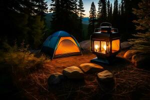 een tent en lantaarn in de bossen Bij nacht. ai-gegenereerd foto