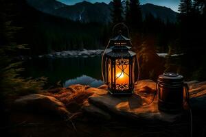 een lantaarn Aan een rots door een meer. ai-gegenereerd foto