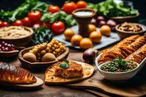 een tafel met divers voedingsmiddelen inclusief brood, groenten en andere voedingsmiddelen. ai-gegenereerd foto