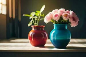 twee vazen met roze bloemen zittend Aan een tafel. ai-gegenereerd foto