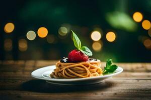 spaghetti met aardbei en chocola saus Aan een bord. ai-gegenereerd foto