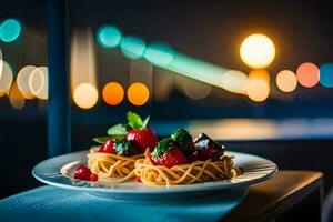 een bord van pasta met aardbeien en een visie van de stad. ai-gegenereerd foto