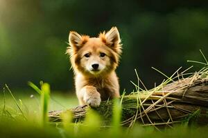 een puppy is staand Aan een log in de gras. ai-gegenereerd foto