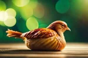 een klein vogel is zittend Aan een houten tafel. ai-gegenereerd foto