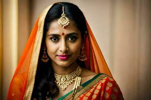 een mooi Indisch bruid in traditioneel kleding. ai-gegenereerd foto
