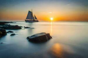 een zeilboot is het zeilen in de oceaan Bij zonsondergang. ai-gegenereerd foto