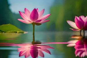 twee roze lotus bloemen zijn weerspiegeld in de water. ai-gegenereerd foto