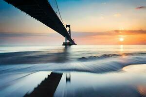 een brug over- de oceaan Bij zonsondergang. ai-gegenereerd foto