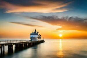 een reis schip aangemeerd Bij de pier Bij zonsondergang. ai-gegenereerd foto