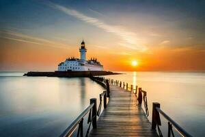 foto behang de lucht, water, zee, vuurtoren, de zon, zonsopkomst, de zee,. ai-gegenereerd