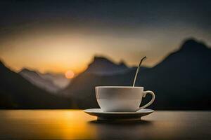 een kop van koffie Aan een tafel met bergen in de achtergrond. ai-gegenereerd foto