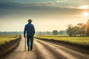 een Mens wandelen naar beneden een aarde weg met een riet. ai-gegenereerd foto