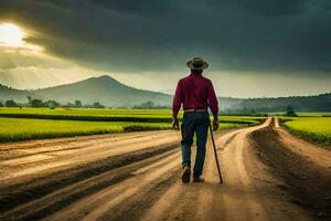 een Mens wandelen Aan een aarde weg met een riet. ai-gegenereerd foto