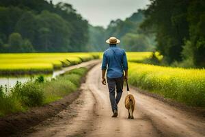 een Mens wandelen zijn hond naar beneden een aarde weg. ai-gegenereerd foto