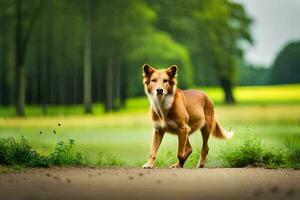 een bruin hond wandelen Aan een aarde weg in de midden- van een veld. ai-gegenereerd foto