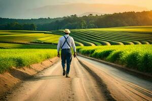 Mens wandelen Aan de weg in de rijst- veld. ai-gegenereerd foto