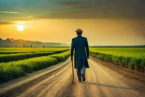 een Mens in een pak wandelingen naar beneden een aarde weg in voorkant van een veld. ai-gegenereerd foto