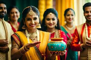 een vrouw in traditioneel Indisch kleding Holding een pot. ai-gegenereerd foto