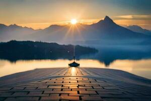 een boot is aangemeerd Aan een meer met de zon instelling achter het. ai-gegenereerd foto