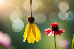 een geel bloem blijft hangen van een snaar. ai-gegenereerd foto